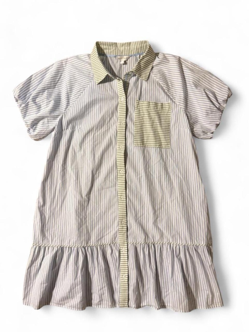 crown & ivy blue and green Striped Ruffle-Hem Shirt Mini Dress